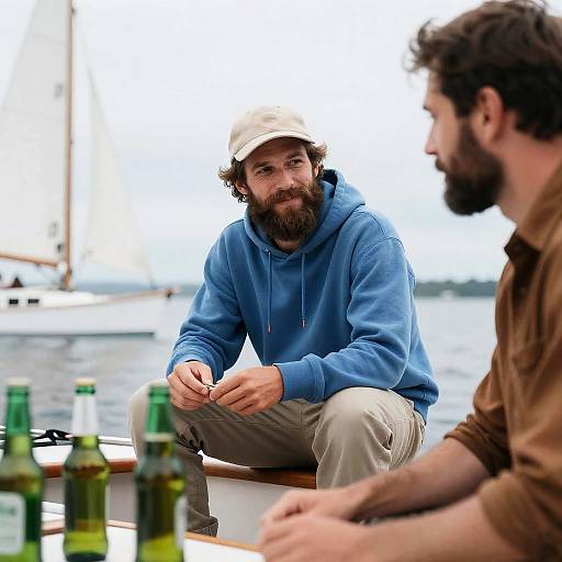 Two men chatting on a boat with beer bottles