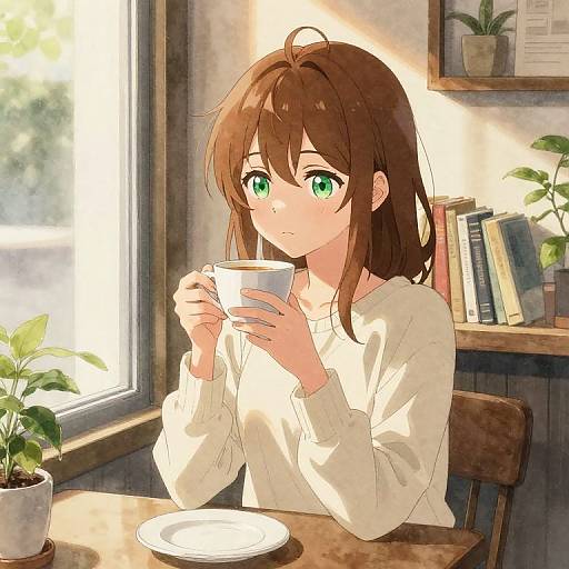 Anime-style digital drawing of a brown-haired girl with green eyes, wearing a white sweater, sipping tea in a sunlit café.