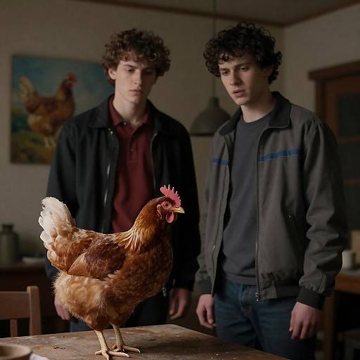 Two Young Men with Brown Chicken Portrait