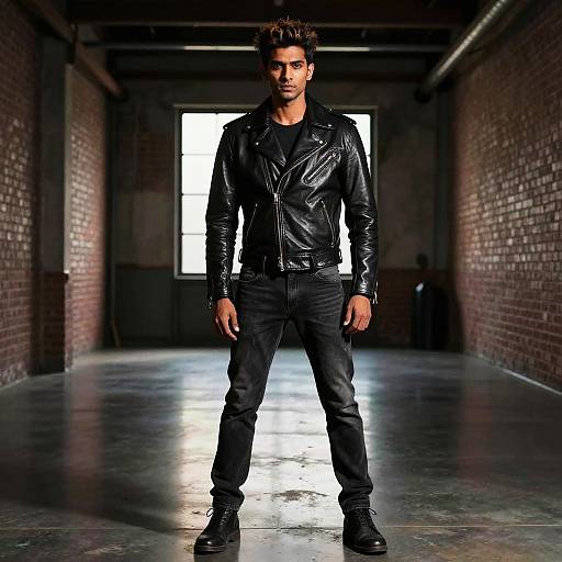 Photograph of a muscular, dark-skinned man with styled hair, wearing a black leather jacket, black shirt, jeans, and boots, standing confidently