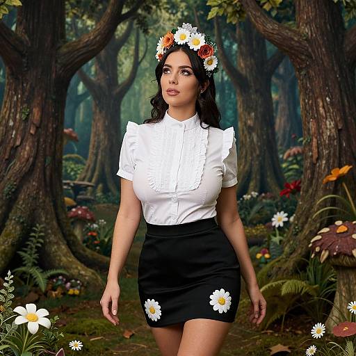 Digital artwork of a dark-haired woman wearing a white ruffled blouse, black skirt with daisies, flower crown, standing in a lush, mushroom