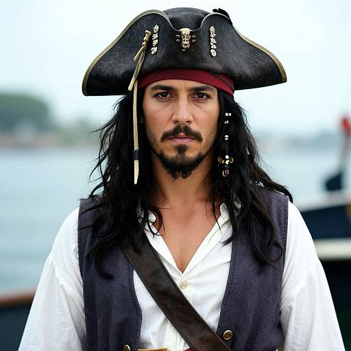 Photograph of a rugged, long-haired pirate with a black tricorn hat, white shirt, and black vest, standing against a blurred water background.