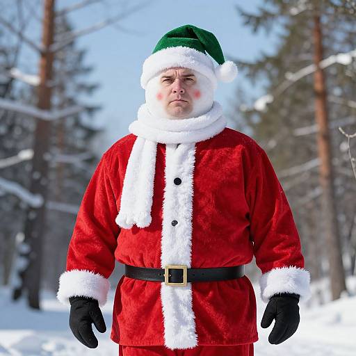 Photograph of a heavyset man in a red Santa suit with white fur trim, green hat, black gloves, and belt, standing in a snowy