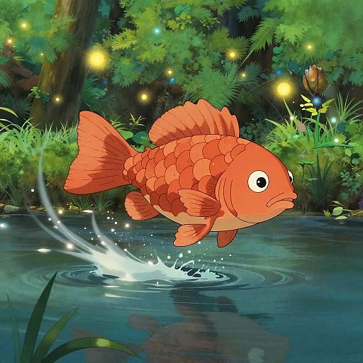 Whimsical Ghibli Fish Leaping