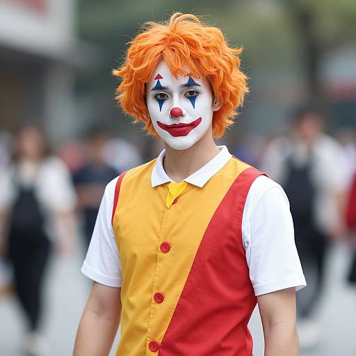 Photograph of a male clown with bright orange hair, white face paint, red nose, red lips, yellow and red vest over white shirt, standing