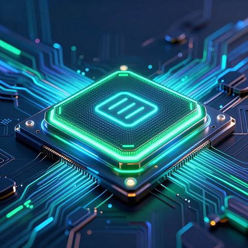 Photograph of a glowing, blue neon-lit CPU chip with a 