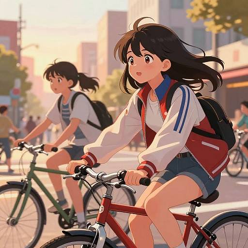 Tomboy Anime Girls Biking at Sunset
