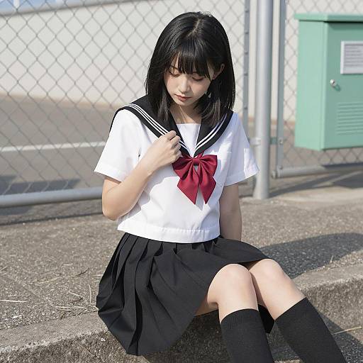 Japanese Schoolgirl in Sailor Uniform Sitting Outdoors