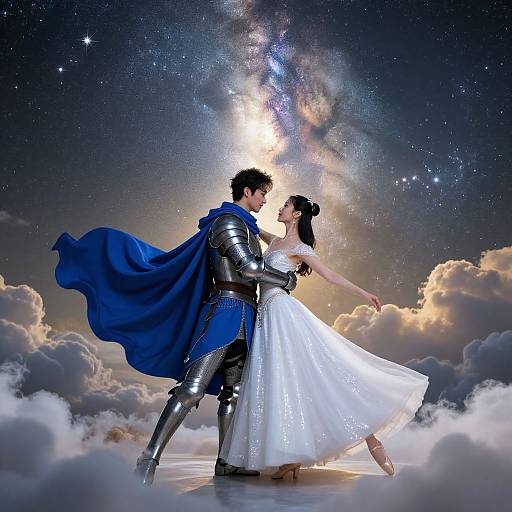 Epic fantasy image: armored knight in blue cape dancing with princess in white gown against starry night sky and fluffy clouds.