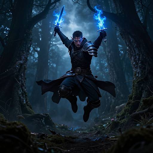 A dark, fantasy forest scene with a fierce warrior in medieval armor, mid-air, wielding glowing blue swords in both hands.