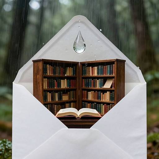 Photograph of a glowing white envelope-shaped structure with a wooden bookshelf, open book, and raindrop on the roof, set against a blurred forest