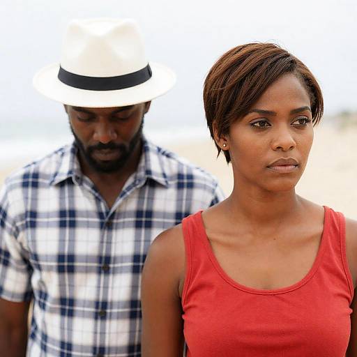 Photograph of a serious black woman in a red tank top standing in front of a black man in a plaid shirt and white hat.