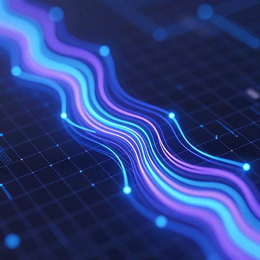 Digital CGI image of wavy, glowing blue and purple neon lines with small bright dots on a dark blue grid background.