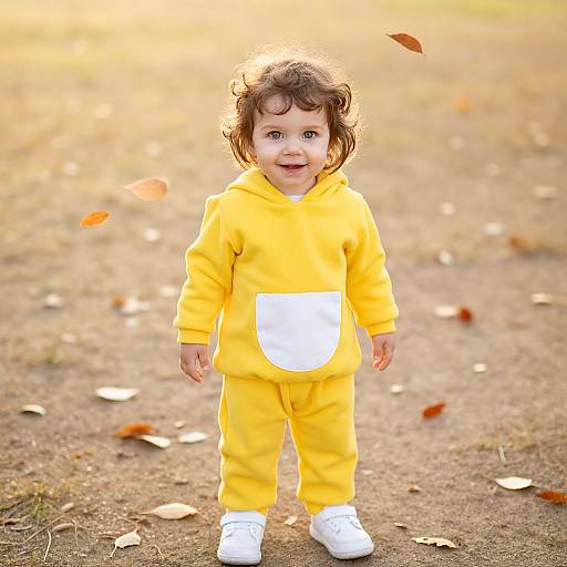 Photograph of a curly-haired toddler in a bright yellow onesie with a white pocket, standing on a grassy field with scattered autumn leaves, smiling