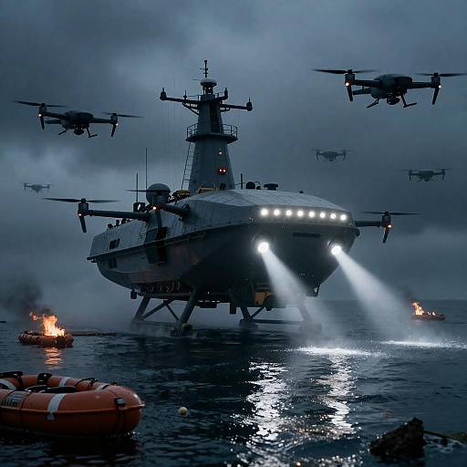 Smoke-Choked Drone Carrier at Sea