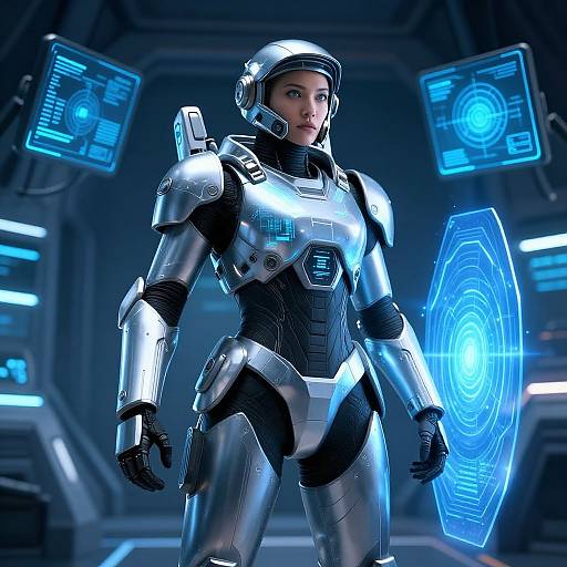CGI image of a futuristic, silver and black female android with glowing blue holographic shields in a high-tech, dark blue-lit spaceship interior.