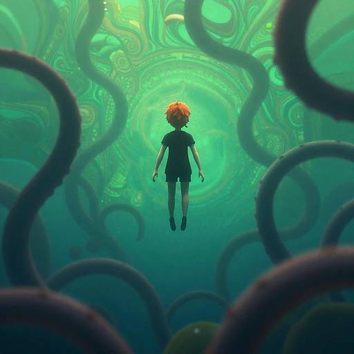 Floating Figure in Bioluminescent Underwater Scene