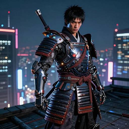Photorealistic CGI of an Asian male samurai with cybernetic armor, standing on a rooftop at night, city lights in the background.