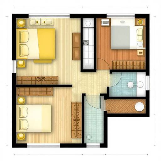 Overhead floor plan of a small apartment with two bedrooms, kitchen, bathroom, and living area, featuring yellow beds, wooden floors, and tile accents