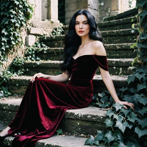 Elegant Woman in Burgundy Velvet Gown on Ivy-Covered Stone Steps