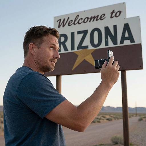 Photograph of a bearded man with short brown hair, wearing a blue shirt, taking a photo of a 