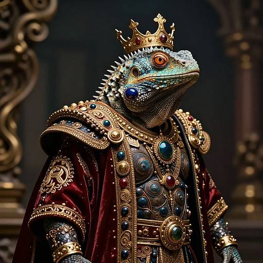 Digital artwork of a regal lizard wearing a gold crown, ornate red velvet robe, and jeweled armor, set in a dark, opulent