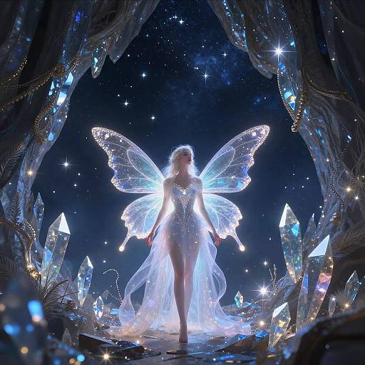 Digital art of a glowing fairy with translucent wings, standing amidst crystalline rocks under a starry night sky. Ethereal, luminous, and magical