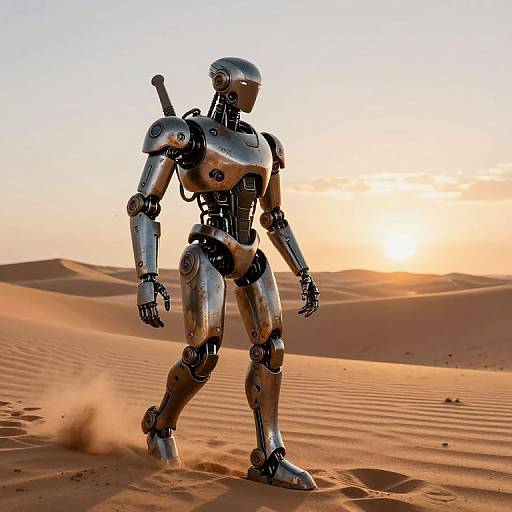 Photorealistic CGI of a silver humanoid robot walking in a sunlit desert with orange sand dunes, dust kicking up around its legs.