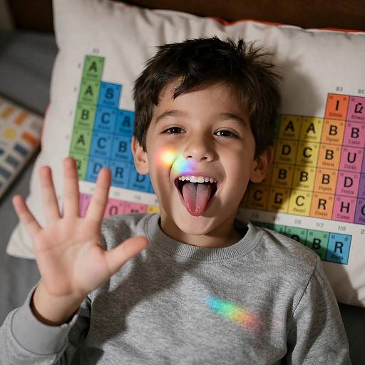 Cheerful Boy on Colorful Periodic Pillow