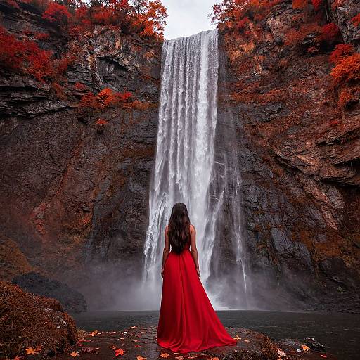 Photograph of a woman in a vibrant red dress standing before a tall waterfall, surrounded by autumnal red and orange foliage.