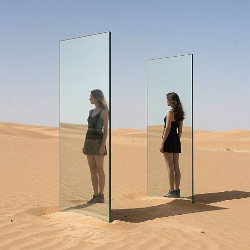 Photograph of a woman with long brown hair, wearing a black tank top and shorts, standing in a desert, reflected in two tall, transparent glass