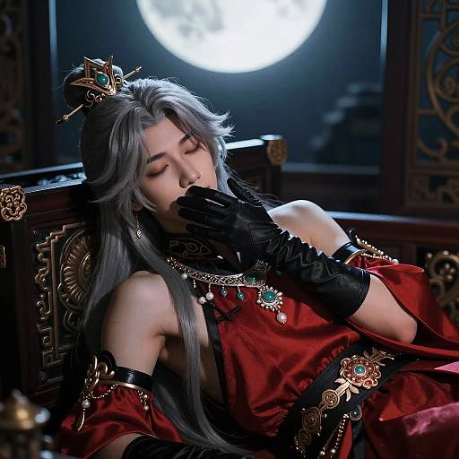 Male Character in Red Chinese Outfit with Moonlit Background