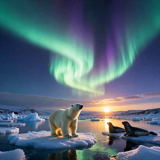 Aurora Over Icebound Bay with Polar Bear