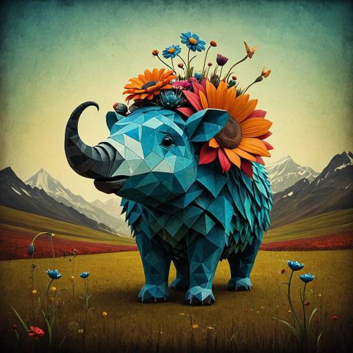 Low Poly Blue Rhinoceros with Flowers