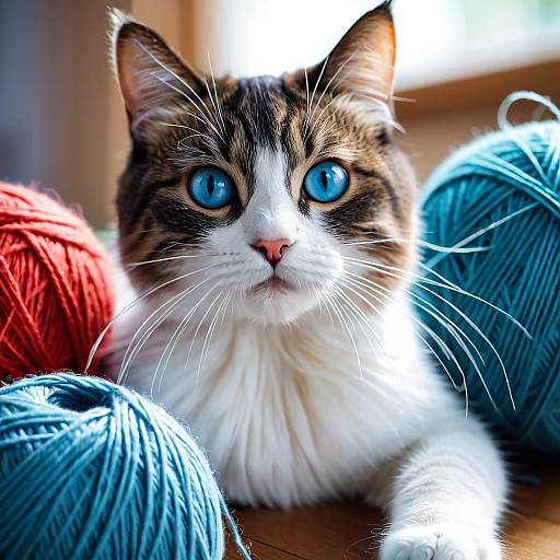 Cat with Blue Eyes and Yarn Balls