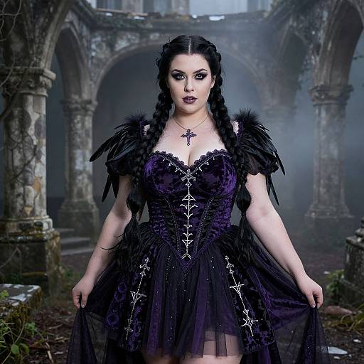 Gothic woman in black feathered, lace-trimmed dress with cross necklace, standing in misty, ancient ruin with stone arches.