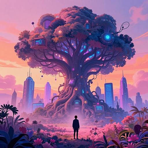 Surreal Neon Tree Cityscape