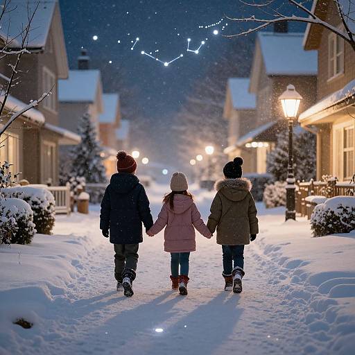 Photograph of two children and an adult holding hands, walking through a snow-covered suburban street at night, illuminated by street lamps and a starry,