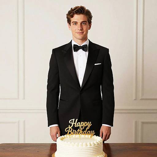 Man in Tuxedo Standing Behind Birthday Cake