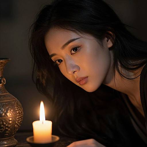 Photograph of a beautiful young woman with long black hair, dark eyes, and soft features, gazing at a lit candle in a dimly lit