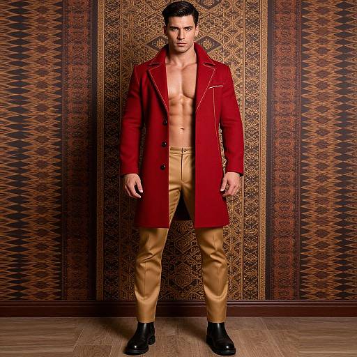Photograph of a muscular man with short dark hair, wearing a red coat, tan pants, and black shoes, standing against patterned brown wallpaper.