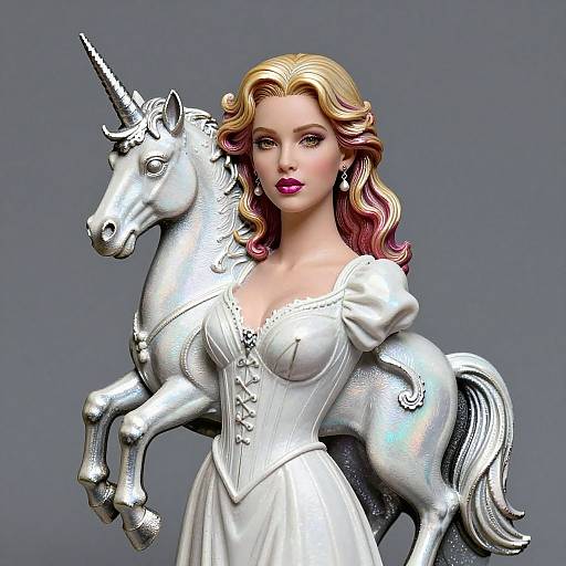 Photorealistic digital art of a blonde woman with pink-tipped hair, wearing a white corset dress, standing beside a silver unicorn statue.