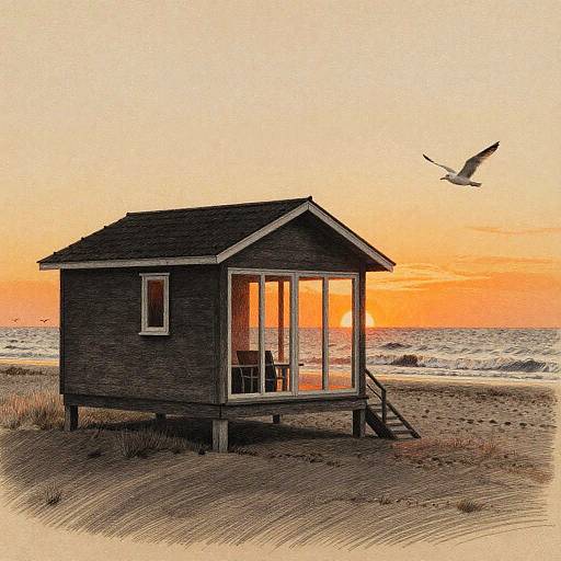Digital illustration of a small wooden lifeguard hut on a sandy beach at sunset, with a flying seagull and orange sky.