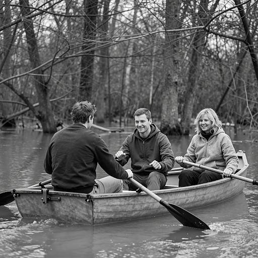 Three People Rowing in Flooded Forest