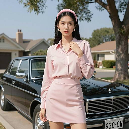 Stylish Asian Woman by Vintage Car