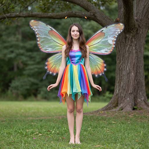 Photograph of a young woman with long brown hair, wearing a rainbow fairy dress and colorful, translucent butterfly wings, standing on grass in a forest with