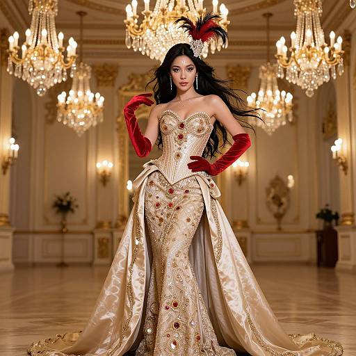 Elegant photograph of a dark-haired woman in a gold, beaded gown with red gloves and feathered headpiece, standing in an opulent,