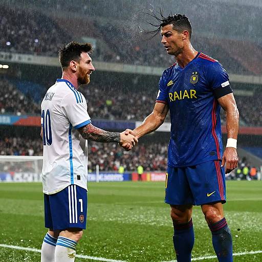 Photograph of two male soccer players in rain, one in white jersey (#10) and the other in blue jersey (Raiar logo), shaking