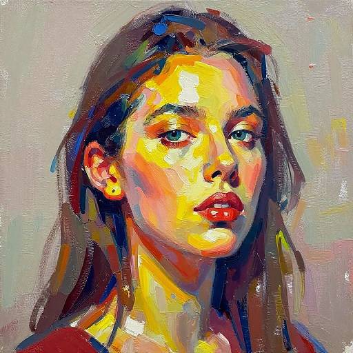 Vibrant, expressive oil painting of a young woman with long brown hair, green eyes, red lips, and a luminous yellow and orange complexion