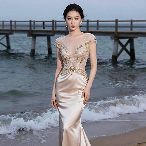 Elegant Woman in Champagne Mermaid Gown
